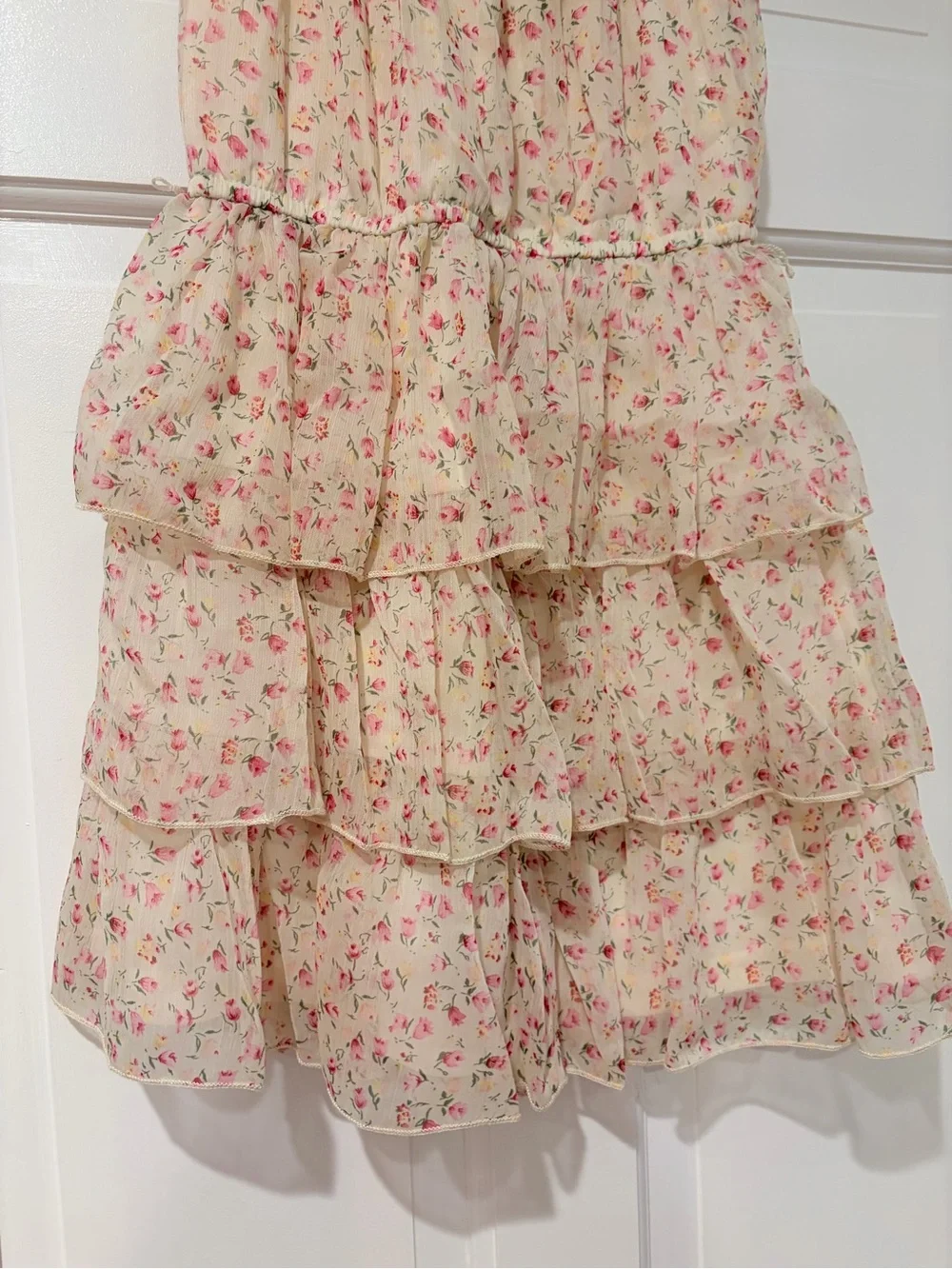Forever 21 Girls Floral Tiered Ruffle Dress Size 7/8 Cream Pink